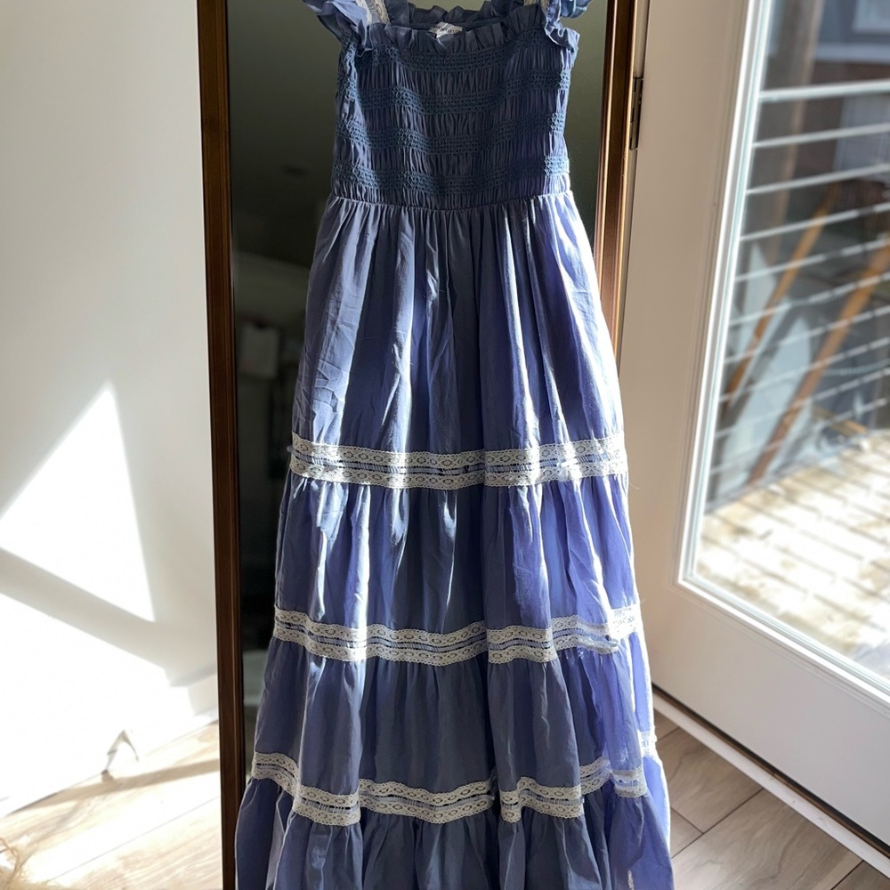 Savannah Taylor Small Smocked Blue Dress w/ Lace Trim Tiers and Ruffled Sleeves